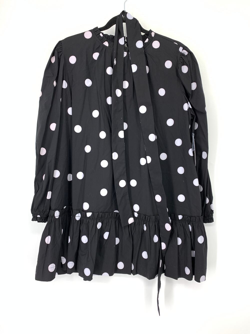 Scoop Mock Neck Tiered Dress Womens Sz Medium Belted Black White Polka Dot NEW
